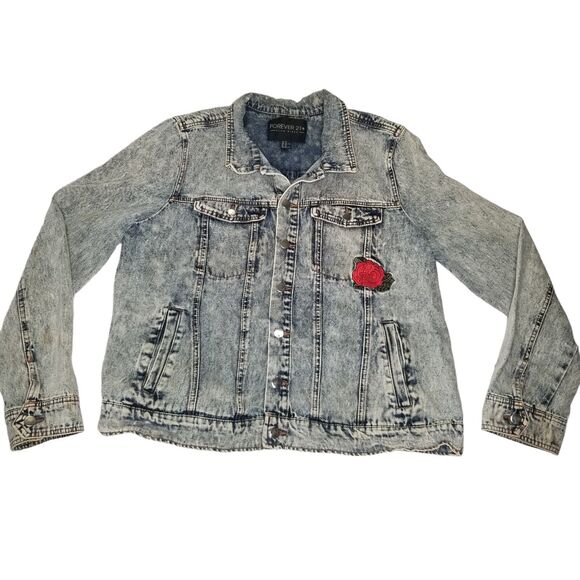 Forever 21 Plus Acid Wash Denim Jean Trucker Jacket Howling Wolf Back Patch 2X - Picture 10 of 11